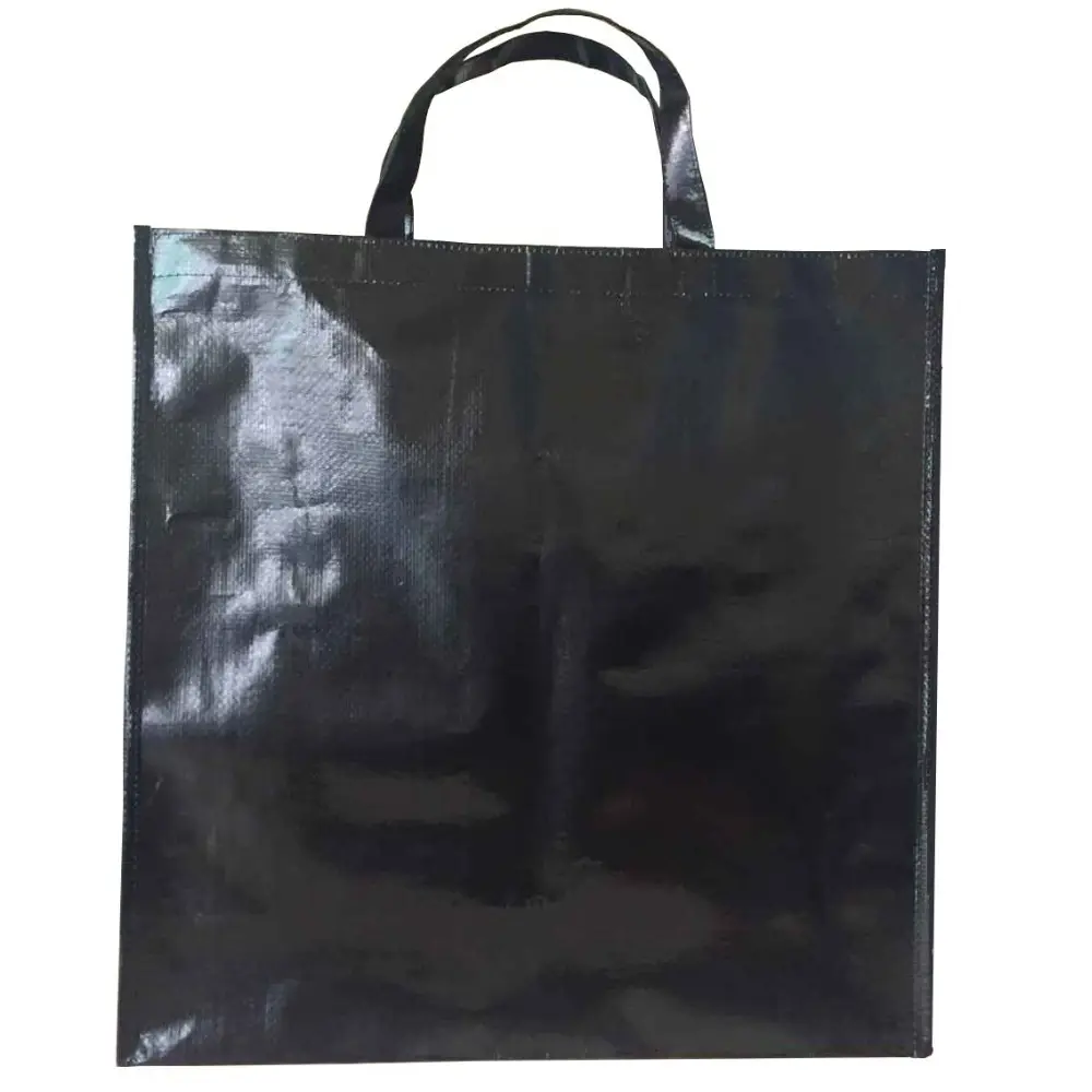 Custom selling eco friendly black extra large laminated PP woven tote bag with custom logo handles
