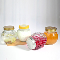 Vente en gros de pots à miel en verre transparents vides de 280 ml, 380 ml, 480 ml, forme unique, pour la conservation domestique, avec couvercle en métal