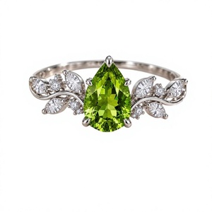 Pear Cut <b>Peridot</b> Engagement <b>Ring</b> 925 Sterling Silver Rhodium Plated Luxury Leaf Vine Design Green Gemstone - Product Image 4