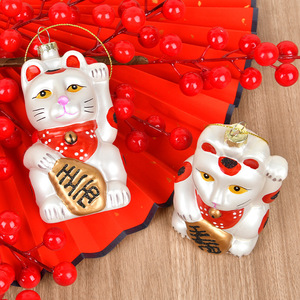 Pendentif Chat Porte-Bonheur en Verre Blanc Peint, Décorations de Noël pour l'Aménagement de Scènes d'Arbre - Product Image 2