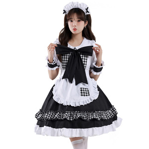 Maid Outfit Lolita Dress Set Black <b>White</b> Checkered Cosplay Costume for Anime Role Play <b>Women</b> Spring 2025 Polyester - Product Image 5