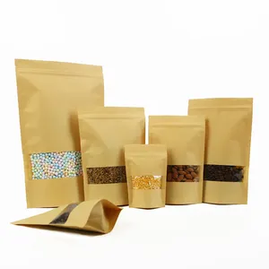 Ziplock kraft e branco Kraft Craft Paper Standing Up Pouches Embalagem De Alimentos Zipper Bags Com Janela