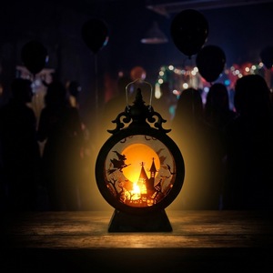 Oferta Especial: Linterna LED Vintage Redonda sin Llama con Escena de Halloween (Murciélago, Castillo, Calabaza) - Adorno de Luz Nocturna - Product Image 4