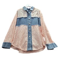 Nouvelle Collection 2026 – Chemise en jean patchwork brodée avec dentelle, manches bouffantes, coupe oversize et carrée, style shacket unique et vintage pour femme