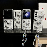 Coque de téléphone Y2K tendance et scintillante avec strass noirs et nœud en forme de cœur pour Samsung Galaxy Z Fold 7, avec sangle à perles de cristal pour Z Flip 7-3