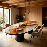 Table à manger en bois de burl naturel ovale avec résine époxy, base noire, nouveau design, assemblée