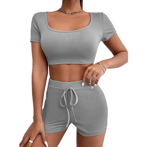 OEM Women Two Piece <b>Set</b> <b>Square</b> Neck Drawstring Cropped Slim Fit Summer Casual Streetwear Outfit Screen Printing Logo - Product Image 5
