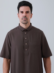 <b>Men's</b> Brown <b>Thobe</b> Short Sleeve Floor Length Cotton Robe Shirt Collar Modest Prayer Wear All Seasons Solid Color - Product Image 2