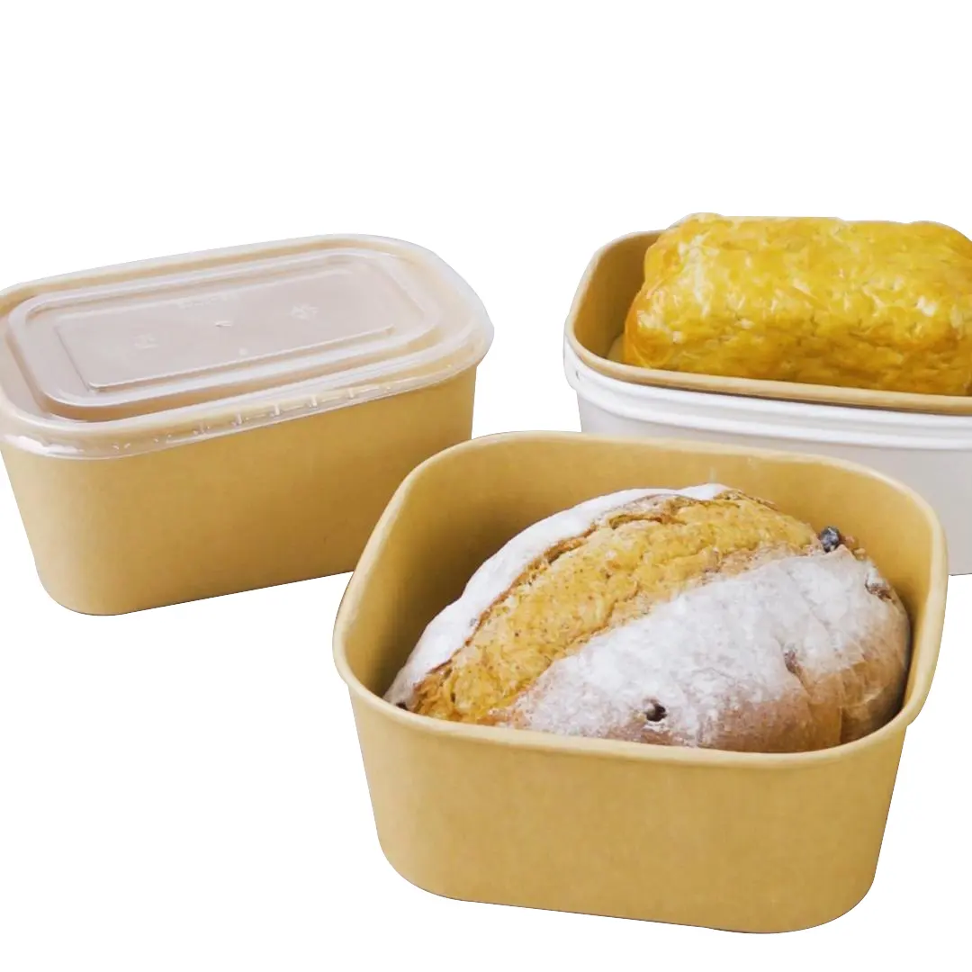 Takeout Recycelbarer rechteckiger Papierback-Lebensmittel behälter für Brot kuchen mit klarem Deckel