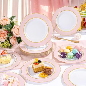 Einweg-PS-Hartplastik-Rundschalen mit Goldprägung am Rand und rosa Fransen, 7 Zoll Durchmesser, modernes minimalistisches Design-Set - Product Image 2