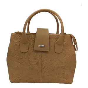 Bolso de Mano Fana Marbella de Cuero Vacuno con Estampado Floral en Relieve Color Camel, Cierre de Solapa, Dos Correas, Moderno, para Uso Diario de Mujer - Product Image 4