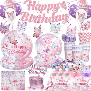 Decoración de <span class=keywords><strong>Cumpleaños</strong></span> con Mariposas, Incluye Platos y Servilletas con Diseño de Mariposas, Pancarta, Mantel Colgante, Decoración para Cupcakes, Globos y Decoración de Mesa - Product Image 1