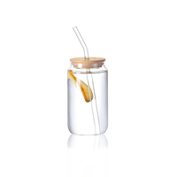 Gobelet en verre borosilicate transparent de haute qualité en forme de canette pour bière et bubble tea, avec couvercle en bambou et paille, 350 ml, anti-fuite, sans BPA