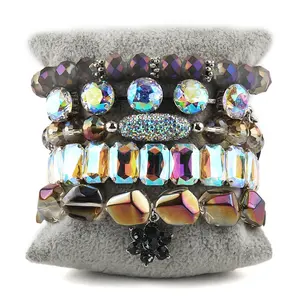 New Bohemia Jewelry Crystal Glass Natural Stone Beaded Bracelet Flower Charm 5pc Stack Stretch Bracelets Bangle Set