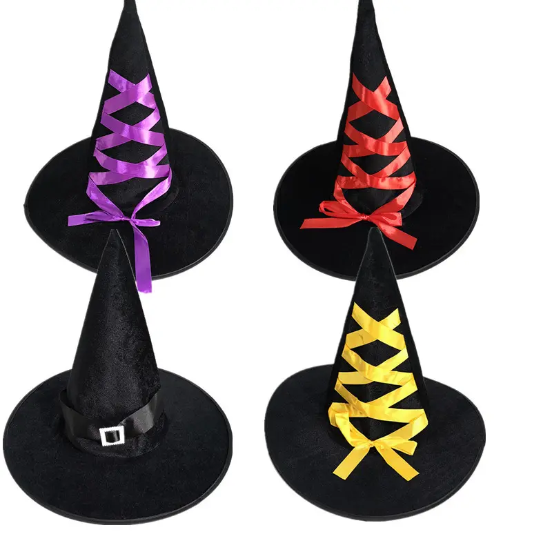 Halloween Costume Party Adult Prom Dress Up Witch Hat With Gold Velvet Ribbon