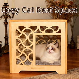 Maison pour chat en bois massif sculpté à la main, style vintage, creuse et en forme de cube, abri intérieur pour chatons et petits chats, couleur bois naturel - Product Image 2