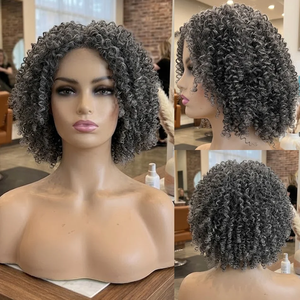 Perruque courte <span class=keywords><strong>bob</strong></span> 150% gris poivre et sel en cheveux humains, perruque afro bouclée crépue, sans décoloration, gris naturel, sans colle, prête à porter pour femmes - Product Image 5