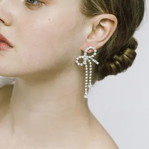 Hot Sale Tassel Rhinestone Bow Knot Earrings For Women Bling Shiny Water Drop Earrings Party Gift Accseeories