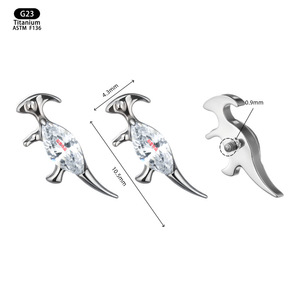 Pendientes de titanio con forma de dinosaurio de 10.5 mm, aleación F136 con circonita engastada para cartílago de la oreja y labio. - Product Image 1