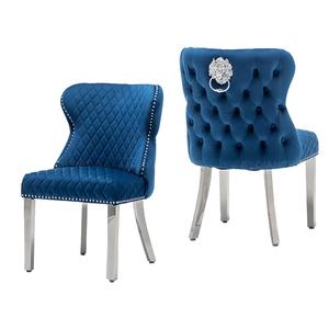 Sedie da Sala da Pranzo con Gambe Cromate Argento, Sedute in Velluto Rosa, Schienale con Anello a Testa di Leone, Sedia da Pranzo in Acciaio Inossidabile - Product Image 2