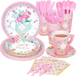 Tea Party Theme Party Tableware Set Garden Exquisite Tea Series Disposable Cups Napkins Decorative Paper Party Plates