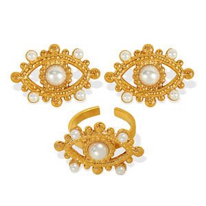 Pearl Stud Earrings Gold Eye Design AAA Pearl Bezel Setting Party Jewelry Women's Earrings <b>Adjustable</b> <b>Ring</b> Set - Product Image 5
