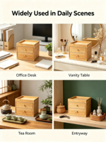 Organizador de Almacenamiento de Bambú Natural con 2 Cajones, Caja de Almacenamiento de Escritorio Multiusos para Cosméticos, Papelería, Té