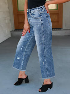 Pantalon en denim <span class=keywords><strong>coupe</strong></span> ample pour femme 8 longueurs Design taille moyenne avec ourlet effiloché et patchs en détresse Polyvalent pour le travail décontracté - Product Image 4