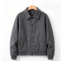 Blouson Bomber Homme en Daim Gris Foncé à Col Montant, Fermeture Éclair Avant, Coupe Ample, Manches Raglan, Style Urbain, Coupe-Vent, Automne, Patchwork