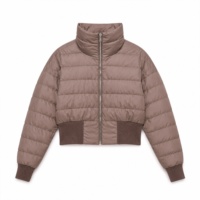 Doudoune courte matelassée pour femme, marron taupe, col montant, coupe bomber, avec bordure côtelée, manteau d'hiver isolé, parka
