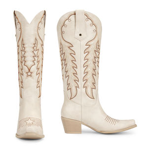 أحذية كاوبوي نسائية WETKISS 2025 رائجة البيع بكعب سميك وتصميم واسع، أحذية طويلة حتى الركبة بلون بيج مع تطريز - Product Image 3