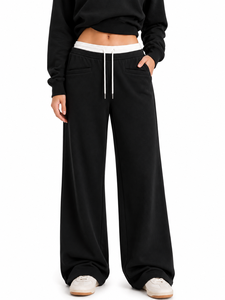 Pantaloni Larghi da Donna a Vita Media, Vestibilità Comoda, Lunghezza Intera, Stile Casual, in Cotone Traspirante con Tasche, Ideali per l'Autunno - Product Image 1