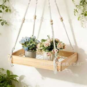 Hanging Wooden <b>Plant</b> Rack <b>Rectangle</b> 1 Tier Hangable Indoor Outdoor Flower <b>Pot</b> Storage Shelf No Drilling Required - Product Image 1