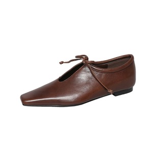 Leather low-heeled women's slip-on shoes with square toe and bow tie laces spring new style - Product Image 5