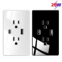 Enchufe Estándar Estadounidense/Mexicano con USB Tipo-C, Carga Rápida de 20W, Panel de Vidrio Templado Negro/Blanco/Gris, Enchufe Doble USB