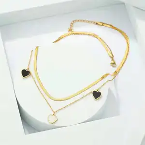 Romantic Mother Of Pearl Heart Inlaid Zircon Pendant Necklace,18K Gold Plated Link Chain Love Heart Necklaces For Women /