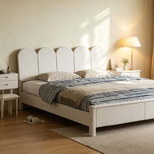 Minimalist White Queen Size Storage Bed <b>Frame</b> with Fabric Upholstery and Wooden Panel Design - Product Image 3