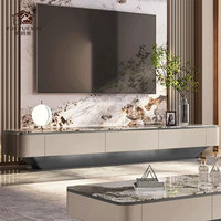 Meuble TV moderne de luxe en marbre avec ensemble table basse, meuble de rangement TV blanc minimaliste pour salon