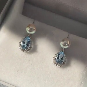 S925 Pure <b>Silver</b> French Aquamarine <b>Earrings</b> for Women Tears Filled Diamonds <b>Pearl</b> Elegant Temperament Vintage Gentle for Gifts - Product Image 3