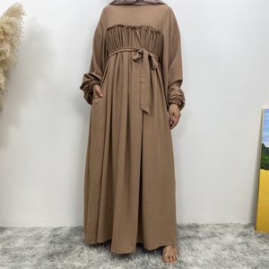 6694# Latest Dress Wrinkle Crepe Loose Sleeves Crew Neck Pleated Classy Women Dress With Back Zipper With Side Pockets and Belt - Product Image 4