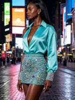 Ensemble deux pièces LM D339 : Chemise satinée turquoise à manche unique et col rond, et mini-jupe taille naturelle ornée de strass en cristal, coupe trapèze