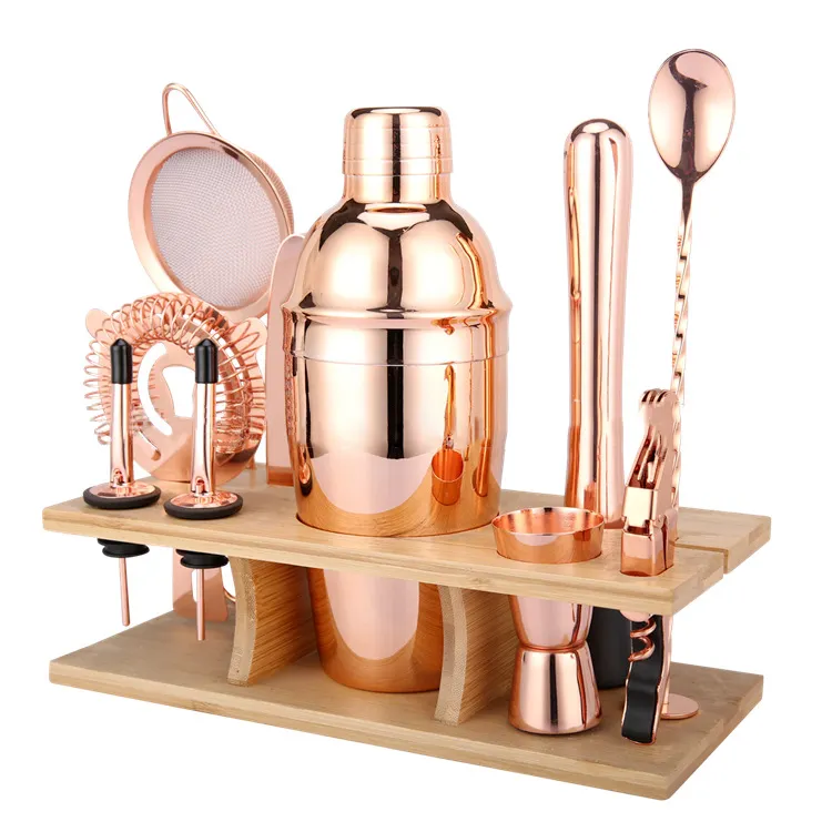 Op Maat Gemaakte Barman Set Cocktail Shaker Set Rose Gouden Barman Kit Met Bamboe Stand