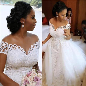 Vestido de Novia Africano de Lujo Tallas Grandes, Nuevo con Encaje Desmontable, Cola Larga, Precio de Fábrica, Decorado con Apliques de Flores Drapeadas - Product Image 4