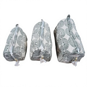 Juego de Bolsas de Cosméticos de Algodón Bohemio de 3 Piezas con Patrón Geométrico, Cierre de Cremallera y Borla para Viaje - Product Image 1