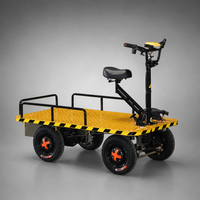 Chariot de manutention industriel électrique robuste à 4 roues motorisé avec plateforme plate, siège et guidon, en fer, pour entrepôt et transport de marchandises