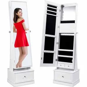 360 Swivel Mirrored Jewelry Cabinet Full Length Armoire LED Lit Makeup Storage Organizer w/Internal Lights