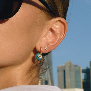 Boucles d'oreilles pendantes géométriques en turquoise bleue, œil porte-bonheur, plaqué or 18 carats, zircon blanc, bijoux à porter au quotidien - Product Image 2