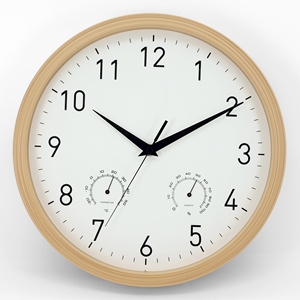 Reloj de Pared Moderno de Plástico con Acabado de Madera y Logotipo Personalizado, con Termómetro e Higrómetro - Product Image 1