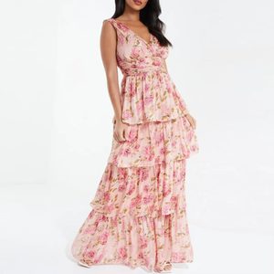 เดรสยาวทรงเอสำหรับฤดูร้อน ผู้หญิง แขนกุด ผ้าทอ ลายดอกพิมพ์ดิจิทัล คอวี เปิดไหล่ โชว์หลัง สไตล์ลำลอง เอวสูง - Product Image 1