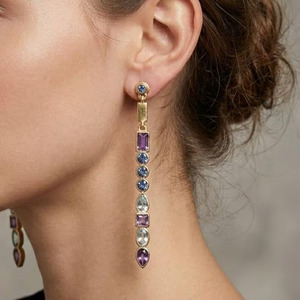 Pendientes de Lujo de Latón Chapado en Oro con Múltiples Piedras, Amatista, Topacio Azul, Iolita, Joyería Larga para Mujer para Oficina y Fiestas - Product Image 3